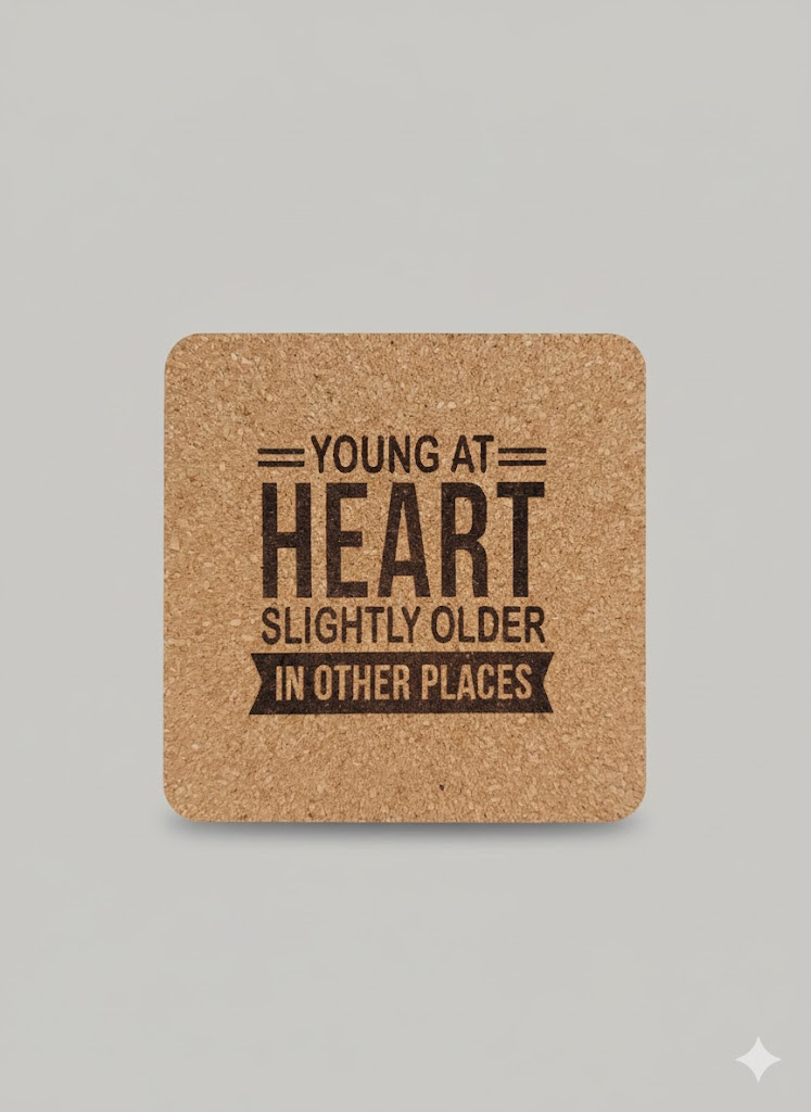 young at heart slightly older in other places cork coaster