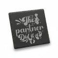 Black slate with 'The partner did it' text and silhouette design 