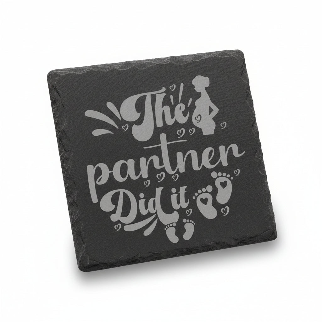 Black slate with 'The partner did it' text and silhouette design 